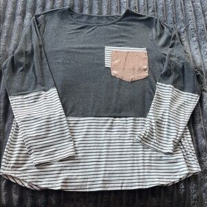 Gray and Striped Long Sleeve Top with Sequin Pocket